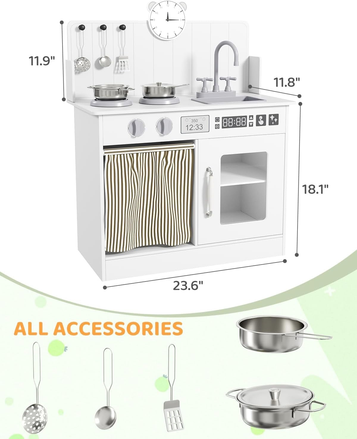 Wooden Kids Play Kitchen White Cooker Sink Toy Set w Storage & Clock