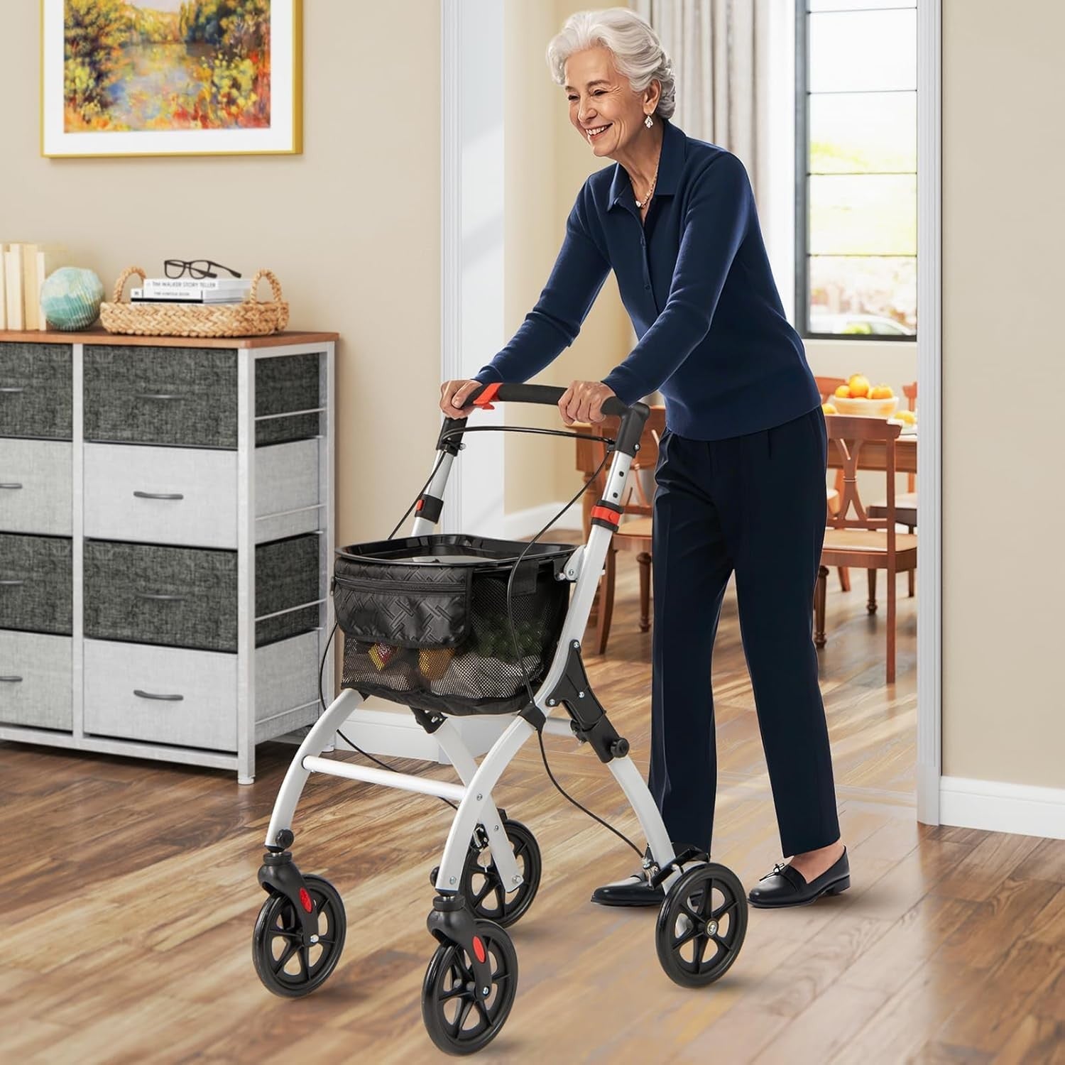 Lightweight Folding Rollator Walker 4 Wheel Basket Brakes Narrow White