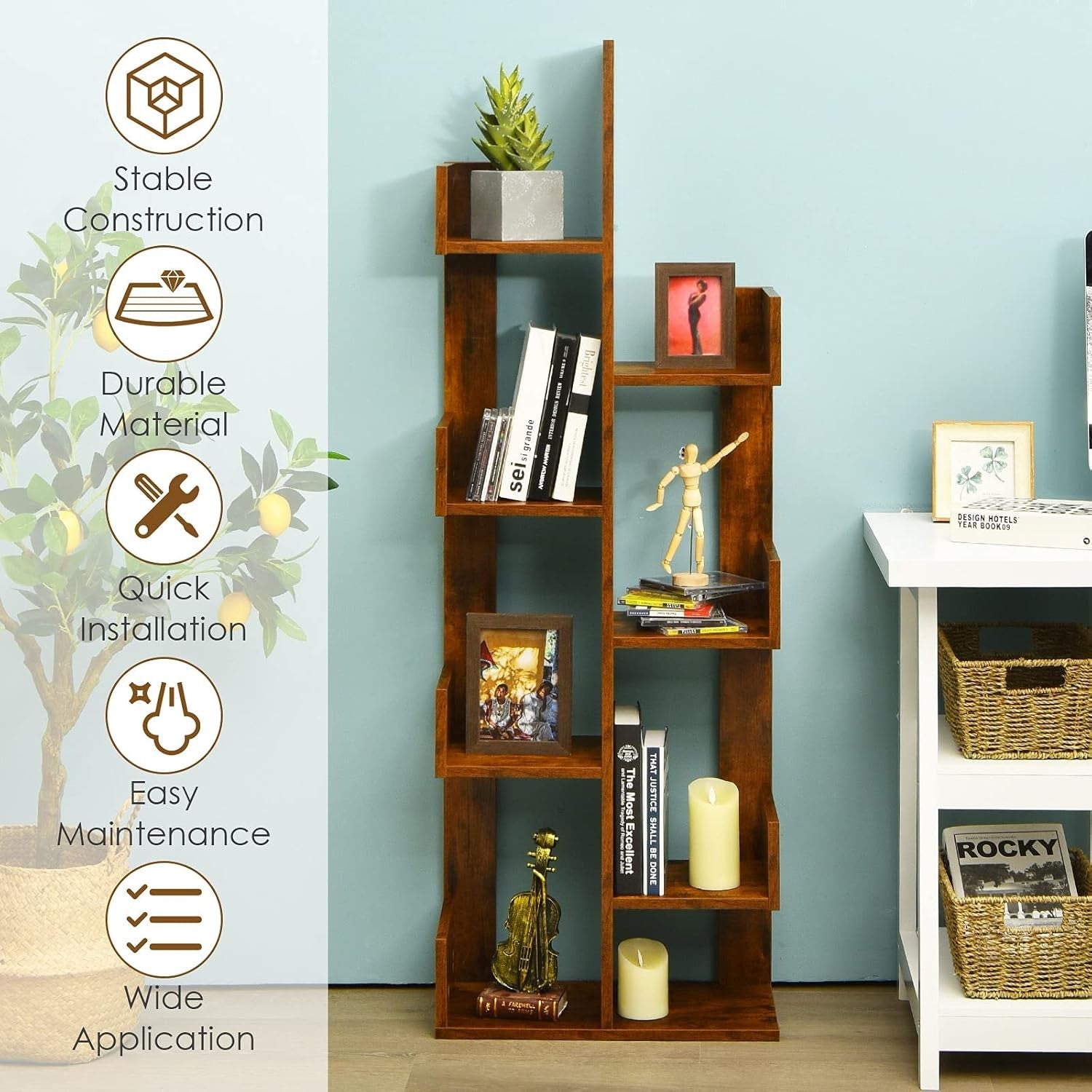8-Tier Tree Bookshelf Free-Standing Storage Rack Modern Display Shelf Brown