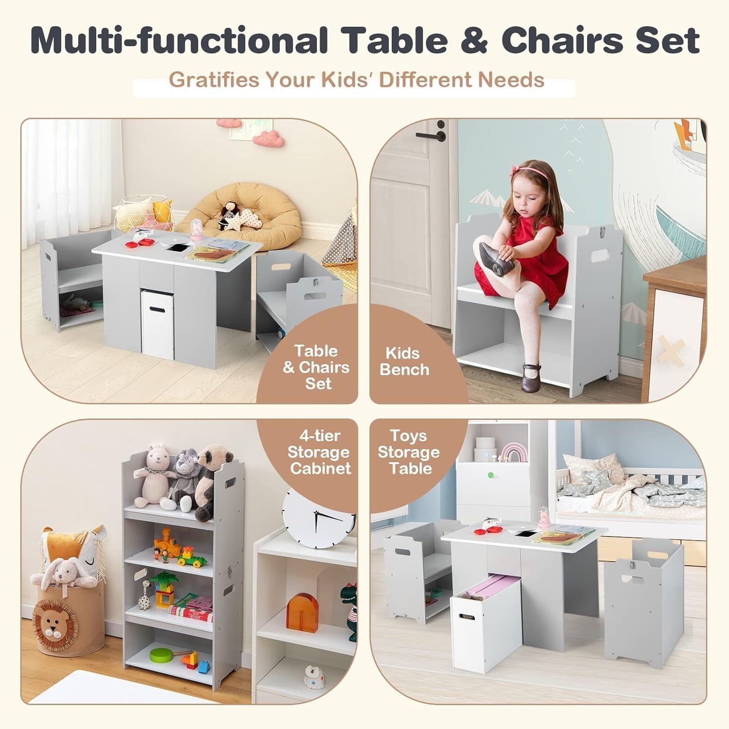 Kids Activity Table & Chair Set with Storage, Stackable Chairs, Grey & White