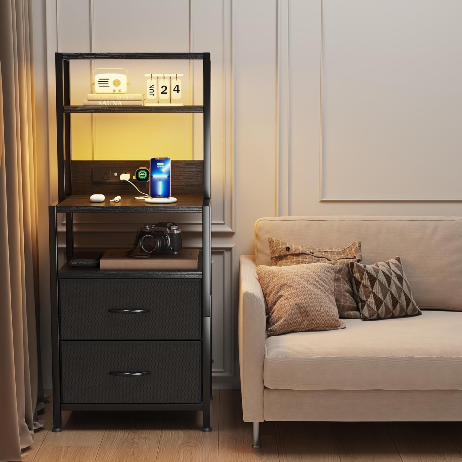 Black Bedside Table with Charging Station & LED Light, Modern Nightstand