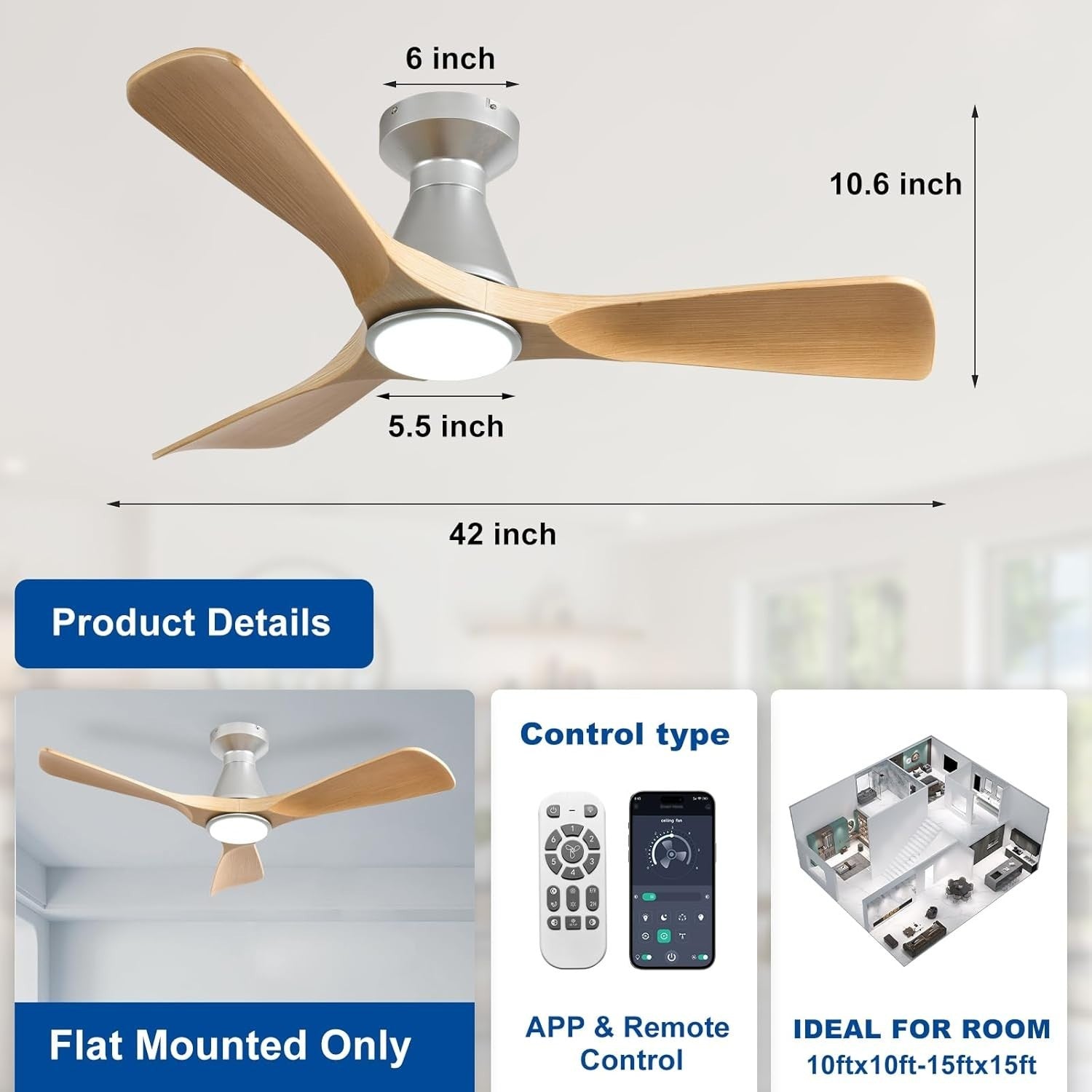 42" Ceiling Fan Light, Grainy Wood 3-Blade LED, Quiet Reversible DC