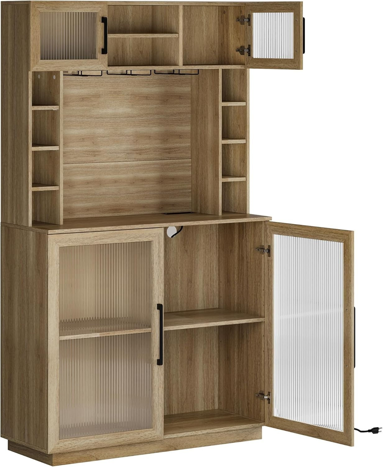 72" Rustic Wine Bar Cabinet with Power Outlet & Hutch | Glass Rack