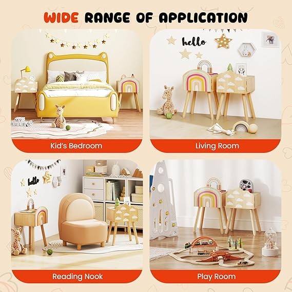 Kids Bedside Tables Set of 2 – Solid Wood Legs, Cute Door Cabinet Storage Units