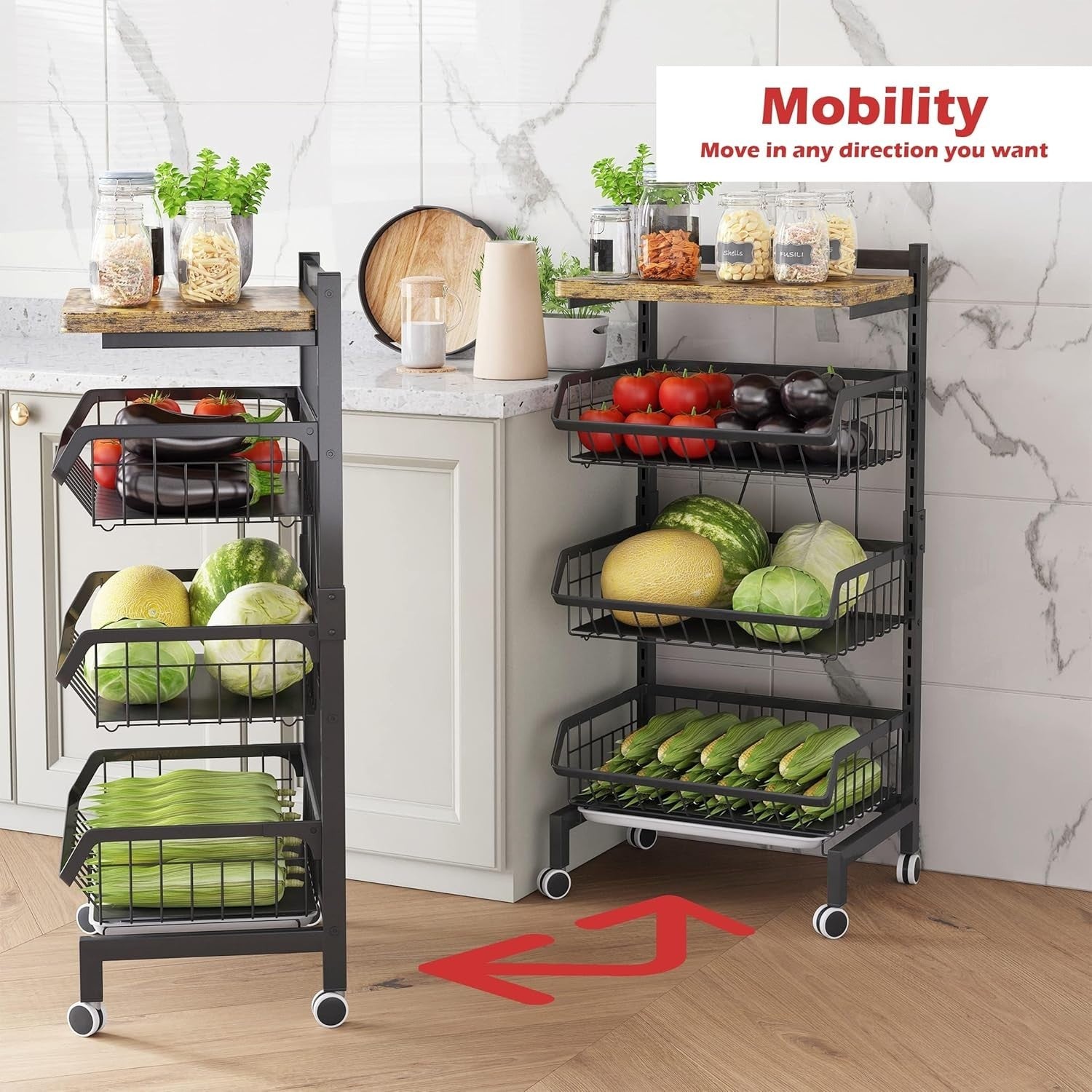 4 Tier Rolling Kitchen Trolley Vegetable Fruit Storage Cart Black