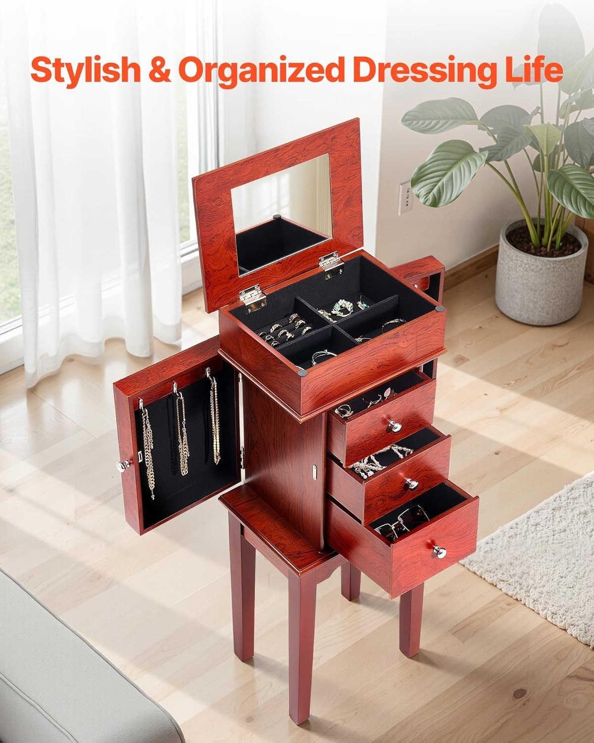 Standing Wood Jewellery Armoire with Drawers Flip Top Mirror Storage