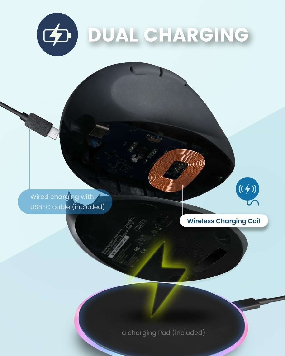 Ergonomic Vertical Mouse Wireless Rechargeable 3200 DPI RGB Dock