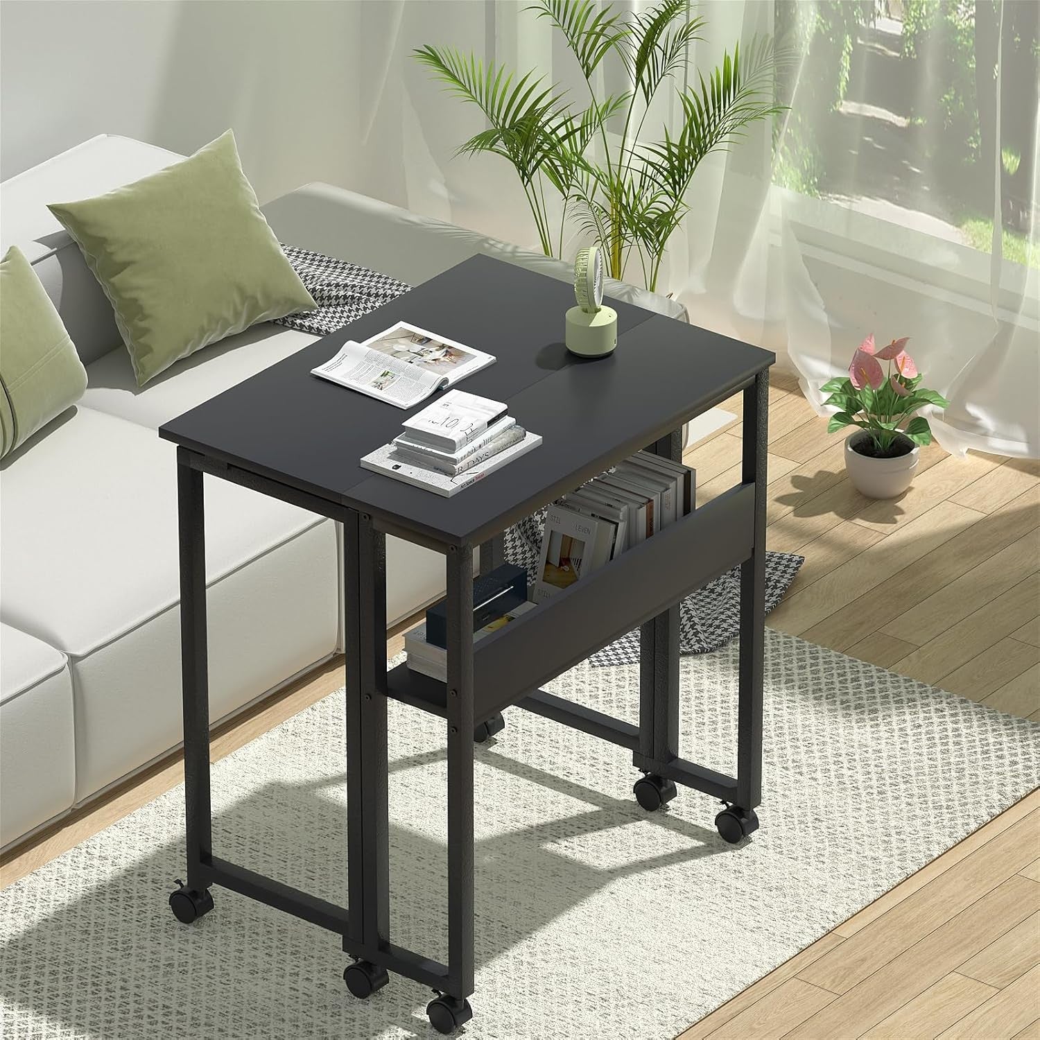 Compact Folding Computer Desk on Wheels with Storage Shelf Space Saving