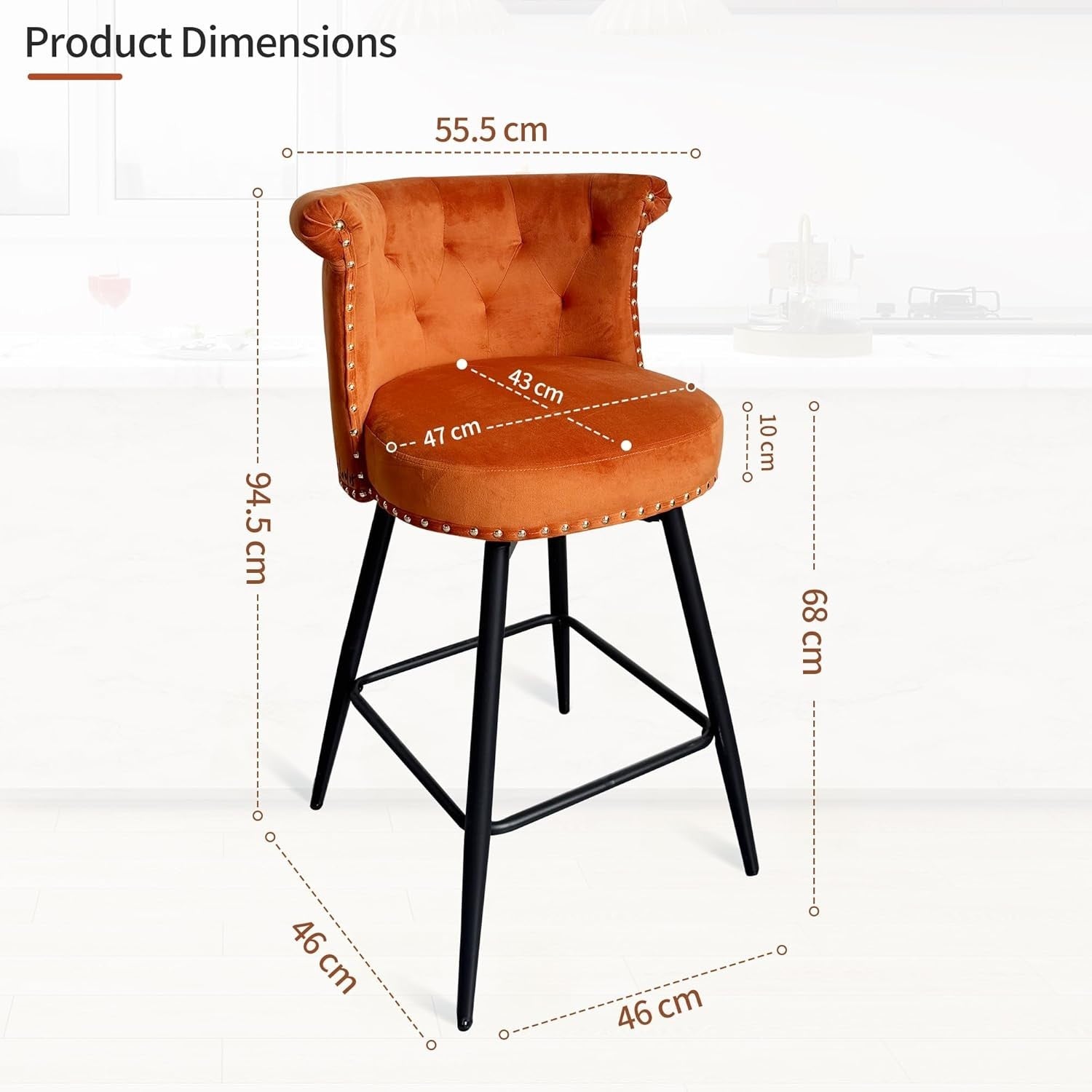 Swivel Bar Stools Set of 2 | Orange PU Leather L-Shaped Counter Chairs