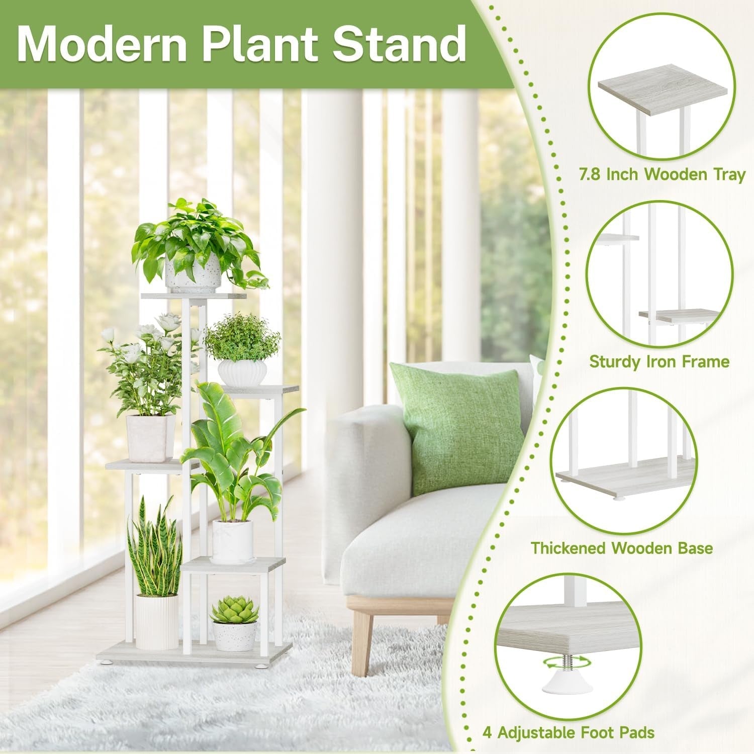 5 Tier White Metal & Wood Plant Stand | Tall Corner Indoor Display Shelf Rack