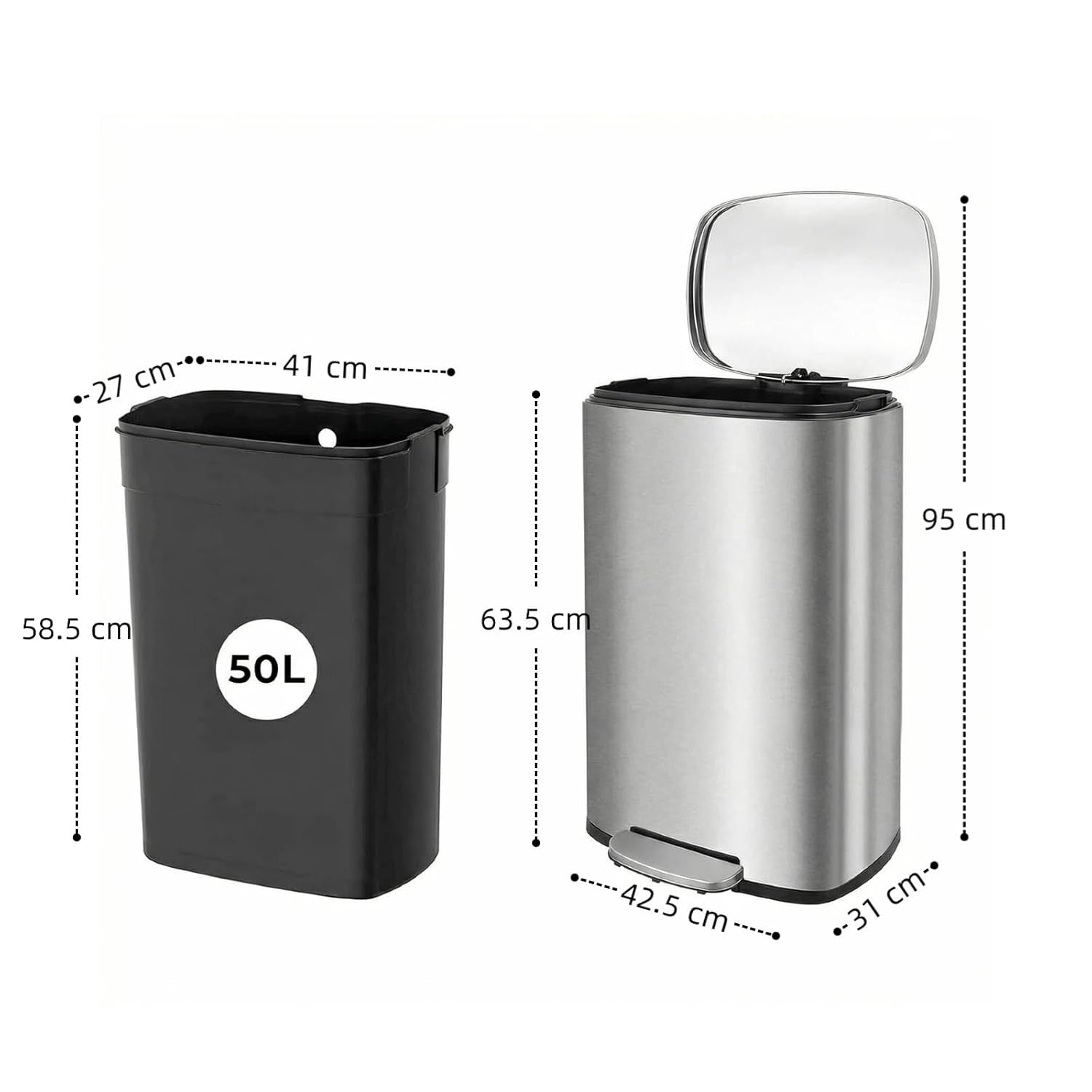 50L Stainless Steel Pedal Bin Soft Close Kitchen Waste Silver