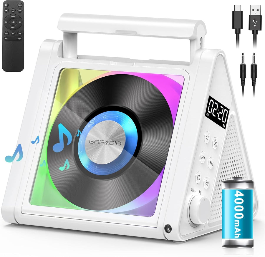 Rechargeable Bluetooth CD Player 20W HiFi FM Radio USB AUX RGB White