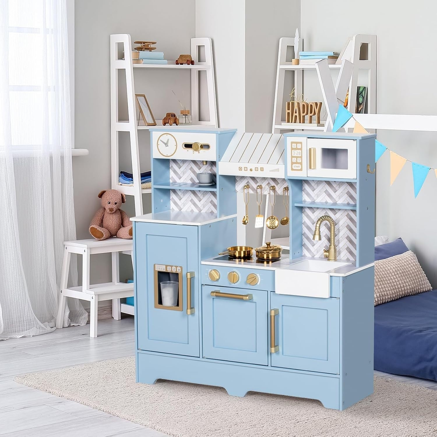 Wooden Kids Play Kitchen Blue Ice Maker Coffee Machine Toy Set
