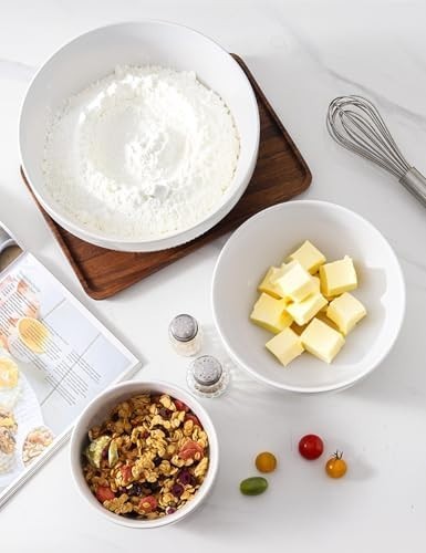 White Ceramic Mixing Bowls Set of 3 – Microwave & Dishwasher Safe, Nesting