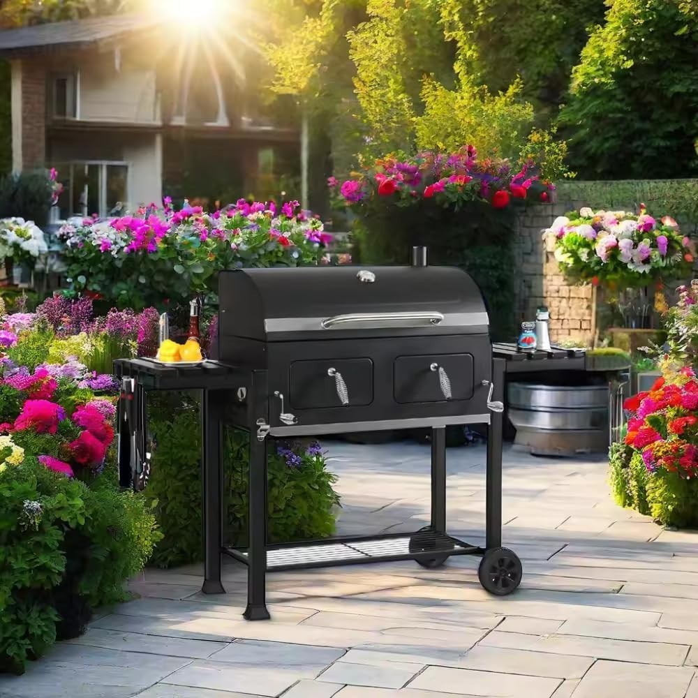 XXL Charcoal BBQ Grill with Side Tables & Thermometer | Large Outdoor Smoker