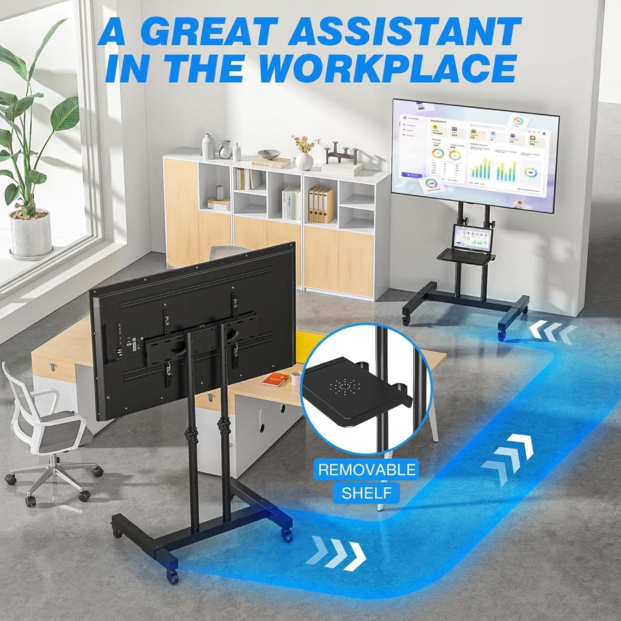 Mobile TV Stand 32–80” on Wheels Tilt Height Adjustable with Shelf Black