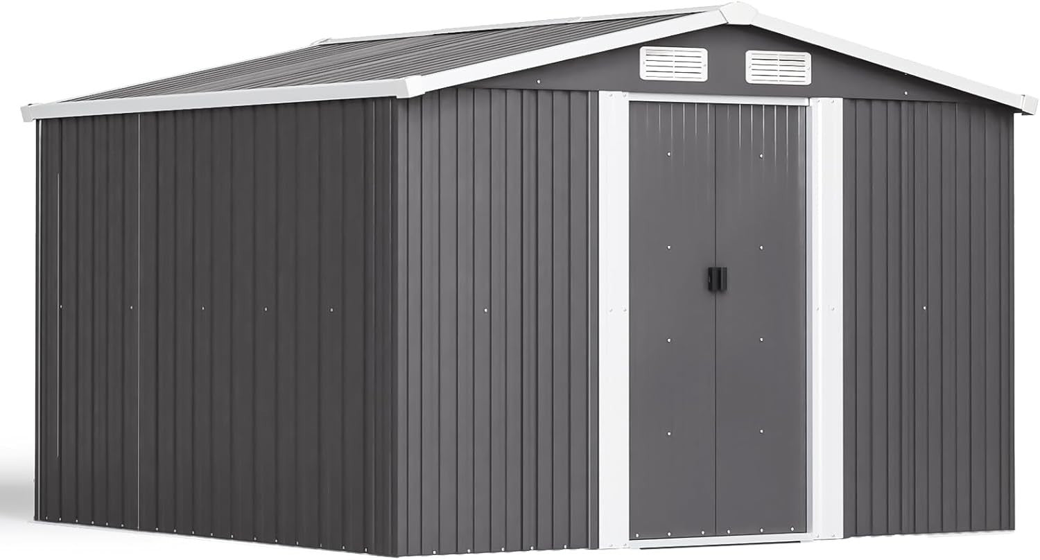 Lockable 8x8 FT Metal Garden Shed with Base Outdoor Storage House