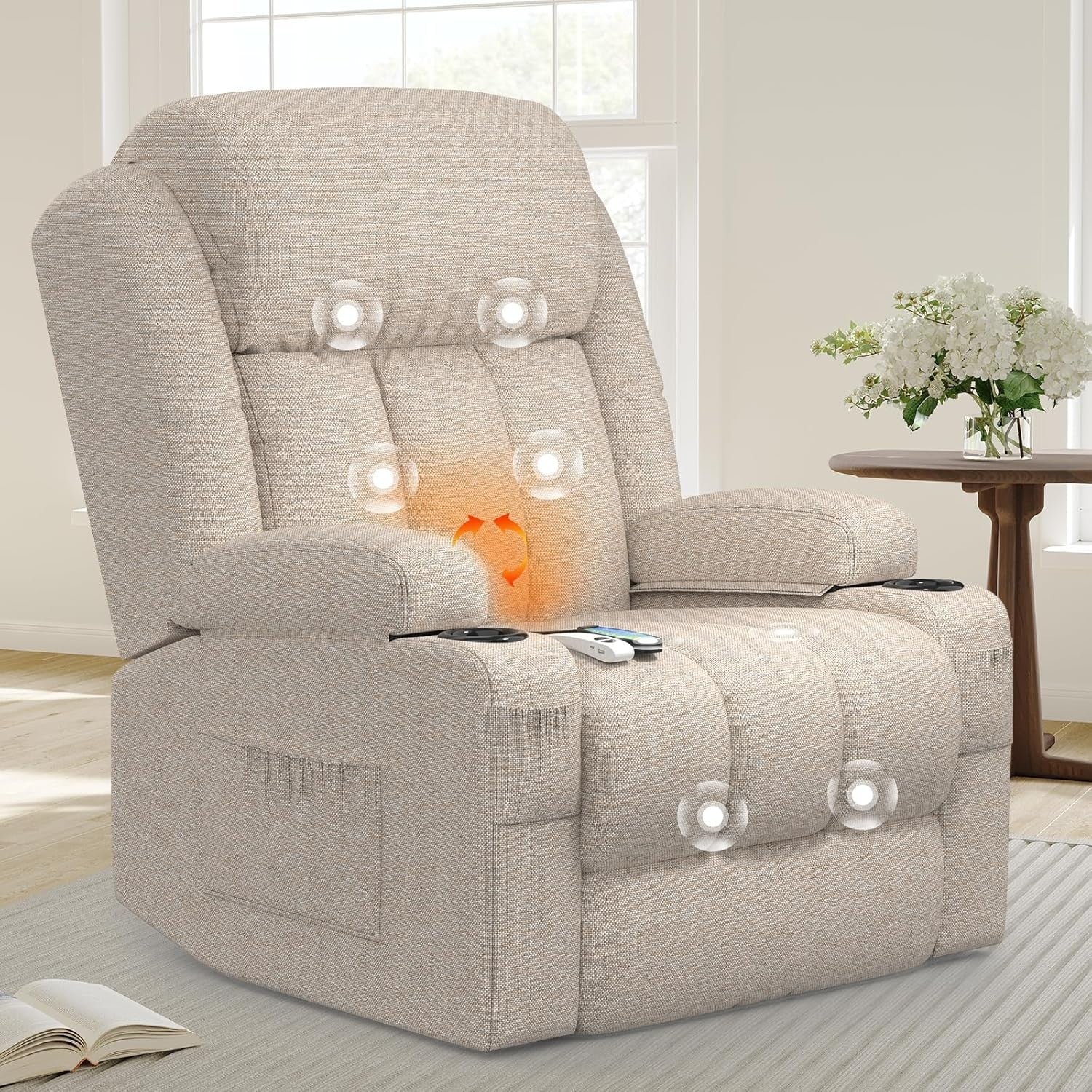 Power Lift Recliner Chair Massage Heat w/ Footrest USB Ports Cup Holders Cream