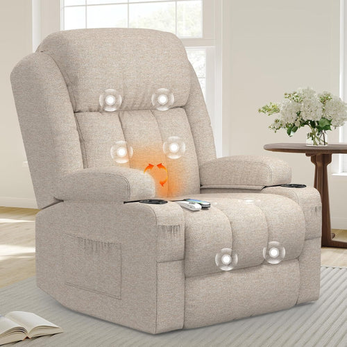 Power Lift Recliner Chair Massage Heat w/ Footrest USB Ports Cup Holders Cream