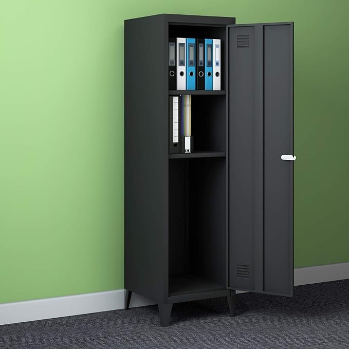 Metal Locker Storage Cabinet Black Steel Office Filing Cupboard 137cm Tall