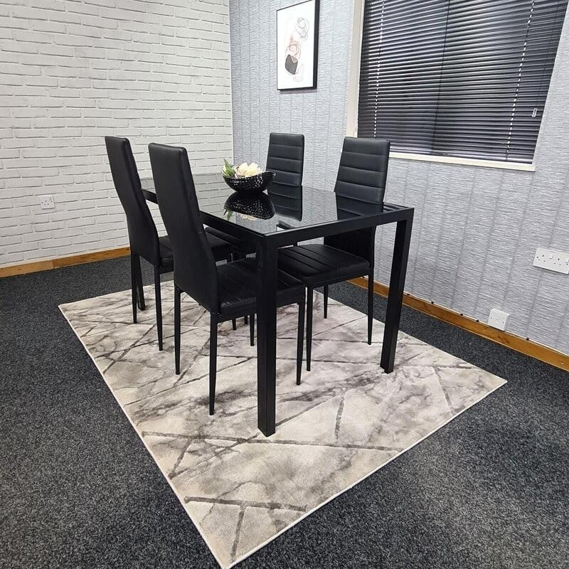 Black Glass Dining Table Set with 4 Leather Chairs Modern Kitchen 120cm