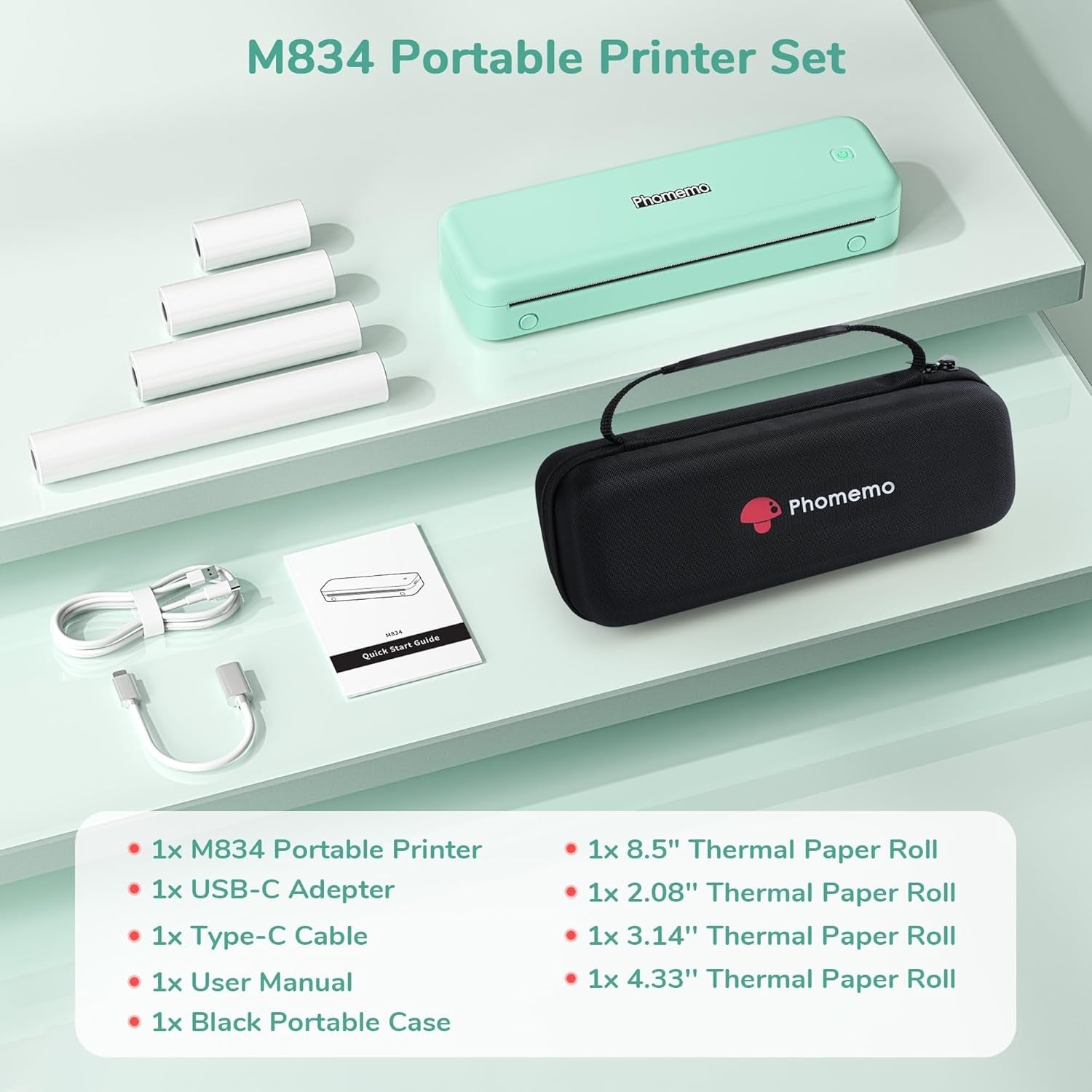 Portable A4 Thermal Printer Bluetooth Inkless 4 Rolls Green