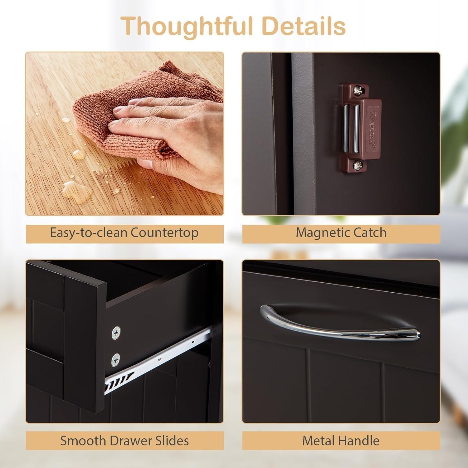 Modern Kitchen Sideboard with Tilt-Out Trash Bin Cabinet & Storage Drawers Brown