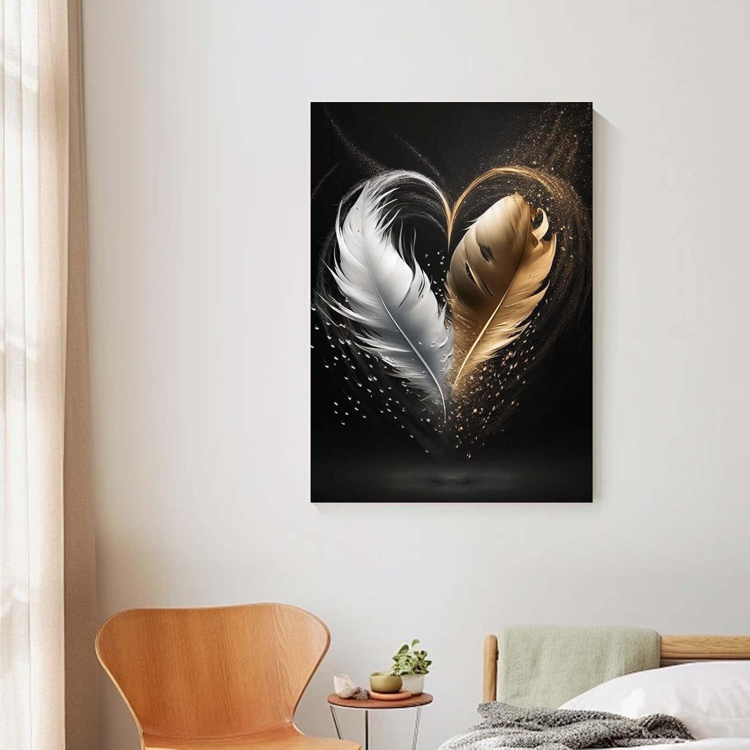 Gold Black Feather Canvas Wall Art Framed Modern Luxury Bedroom Decor