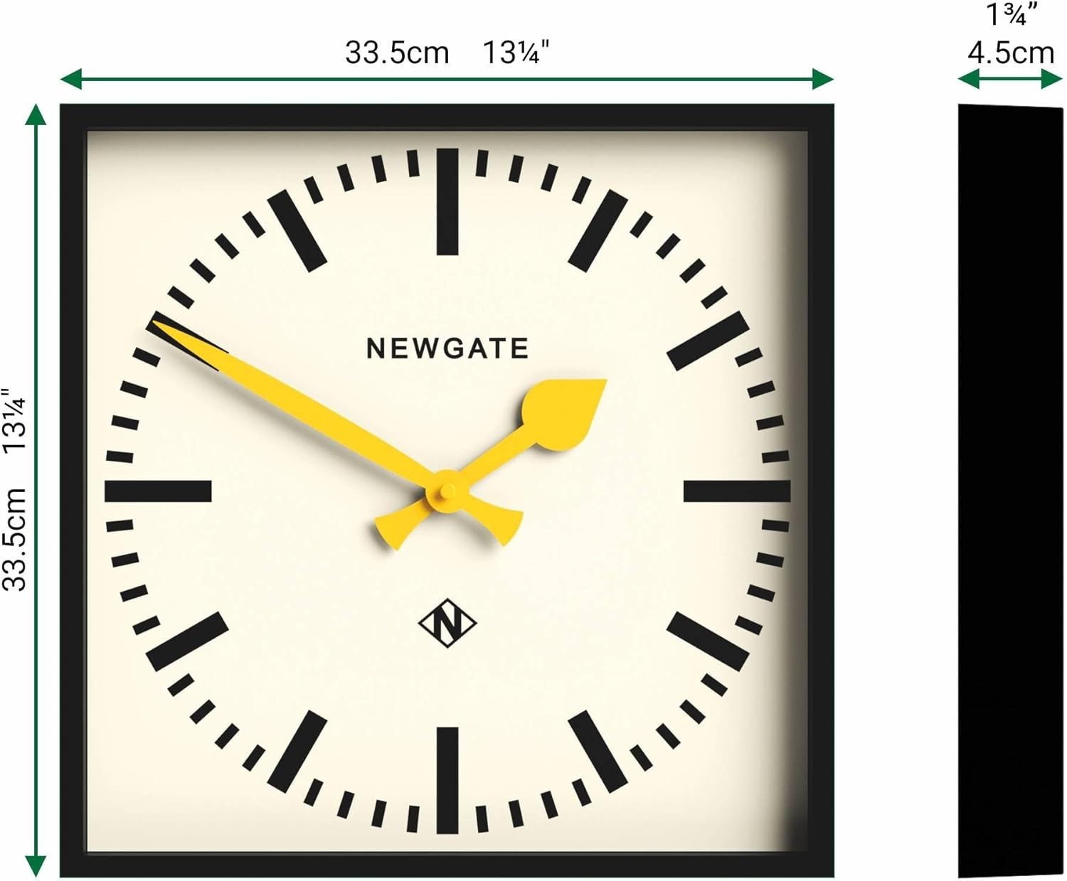 Silent Square Retro Wall Clock 40cm Yellow Hands Black Dial Office Home