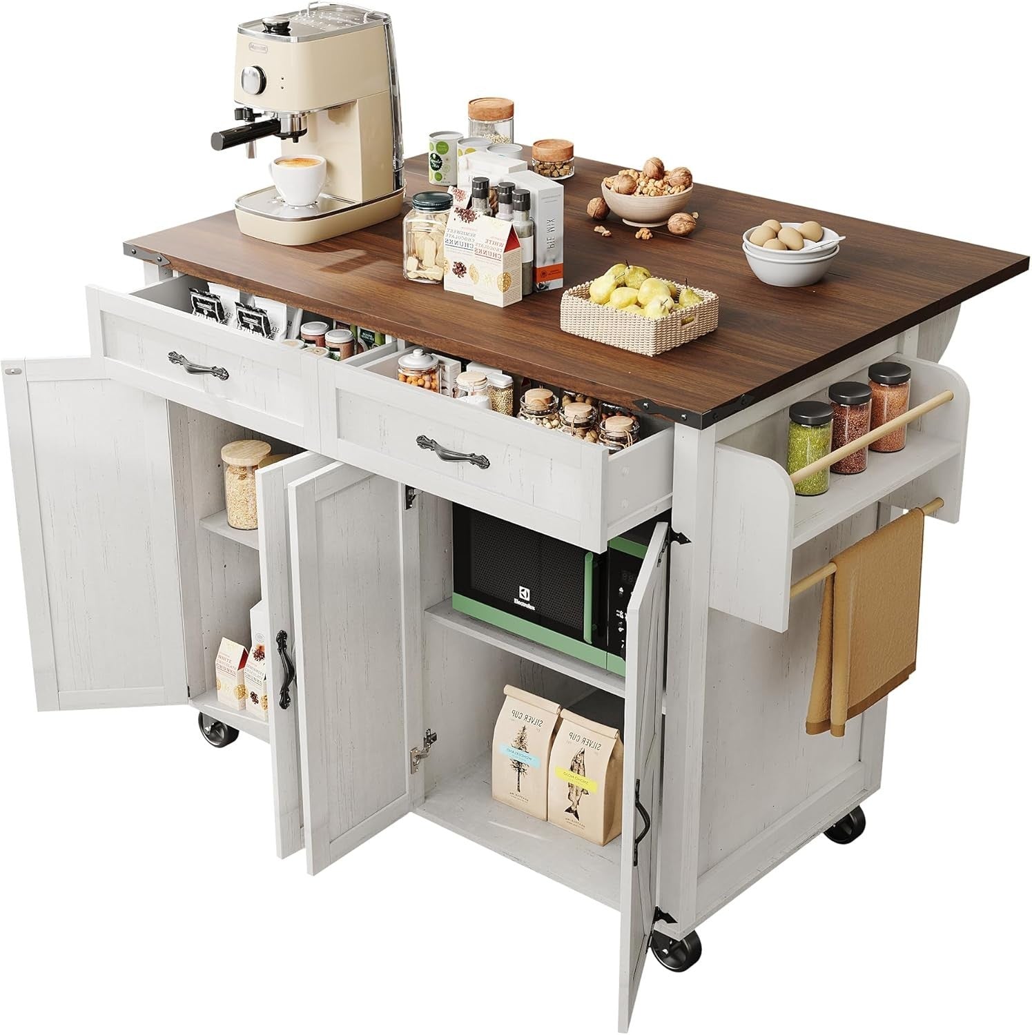 White Kitchen Island Trolley on Wheels with Drawers, Cabinet & Foldable Top