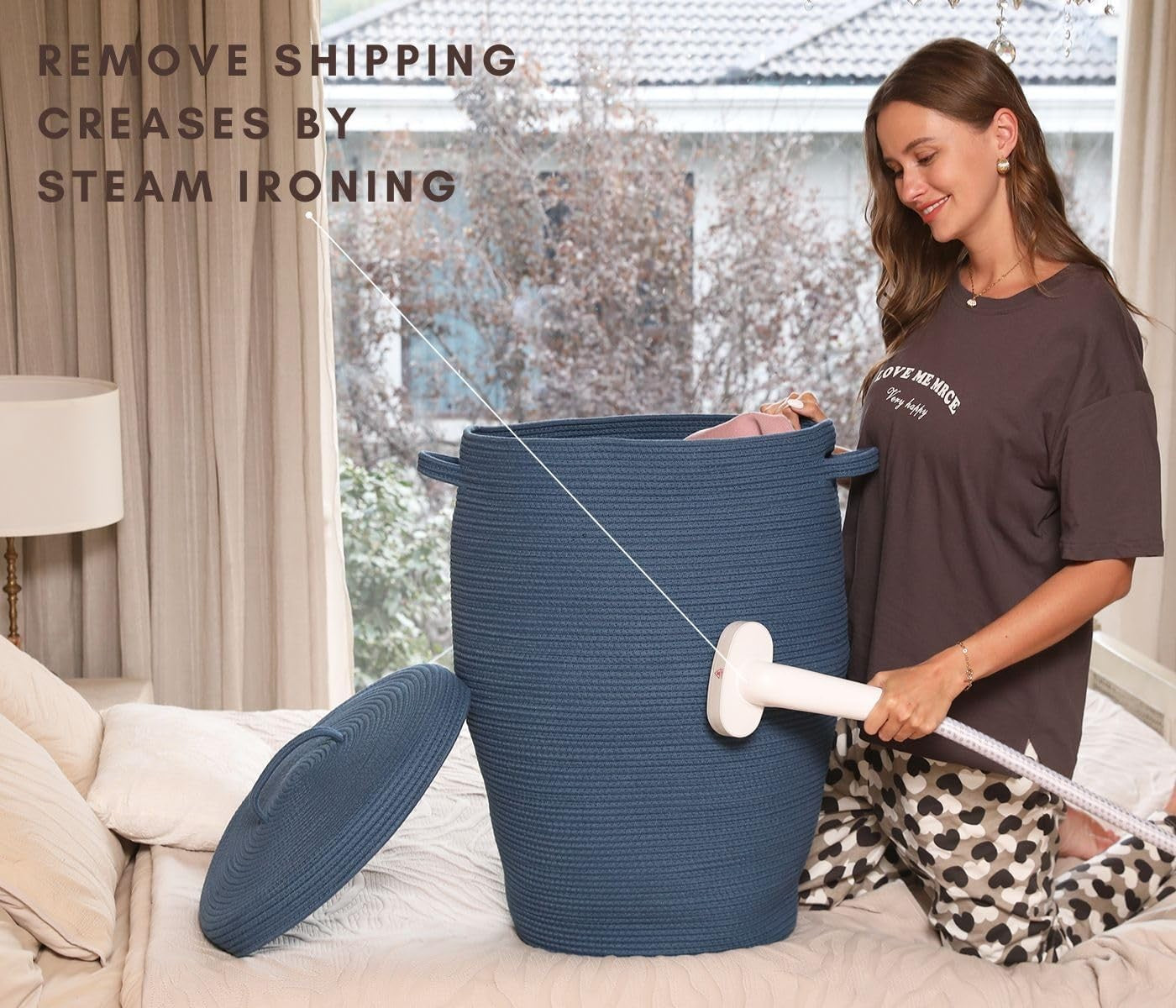 26" Tall Dark Blue Cotton Rope Laundry Basket with Lid Large Woven Storage Bin