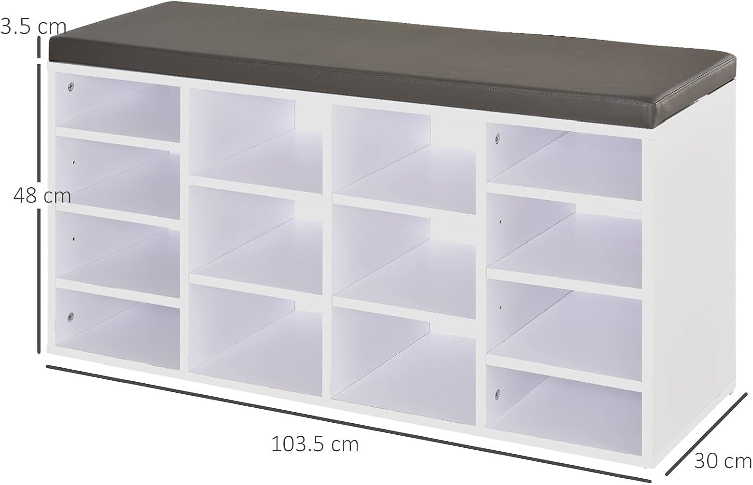 Multi-Storage Shoe Rack with Cushion & 14 Compartments, 103.5x30x48 cm White