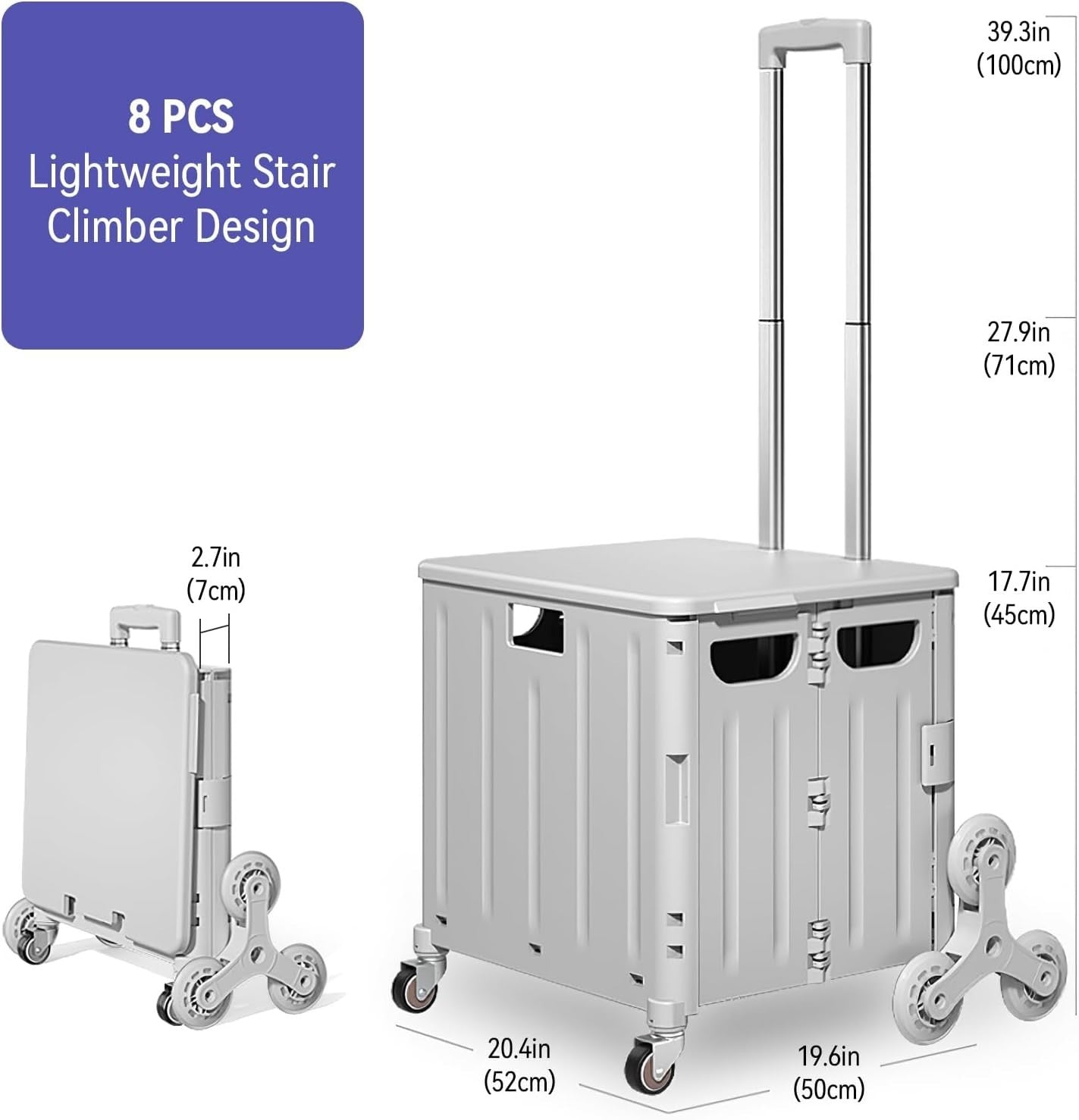 65L Stair Climber Shopping Trolley 8 Wheels Foldable Cart with Lid Grey