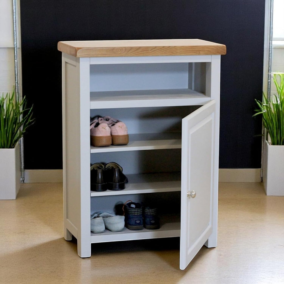 Painted Shoe Storage Cabinet with Oak Top Grey Hallway Cupboard 64x35x88cm