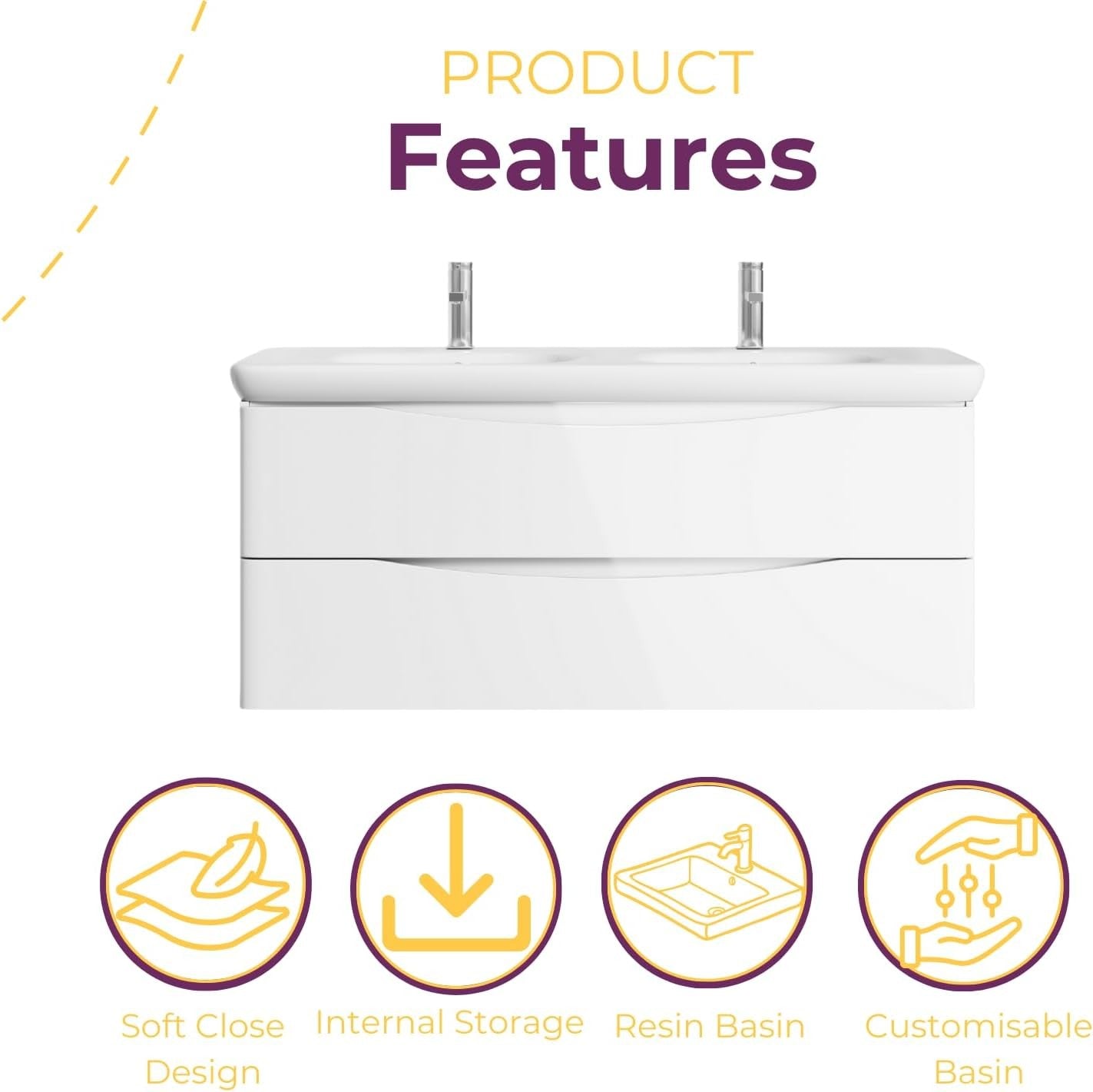1200mm Double Basin Wall Hung Vanity Unit White Gloss Modern Bathroom Storage