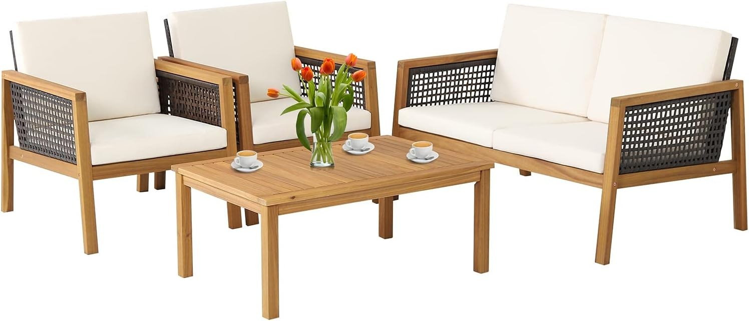 4PC Rattan Garden Sofa Set Outdoor Patio Furniture Acacia Wood