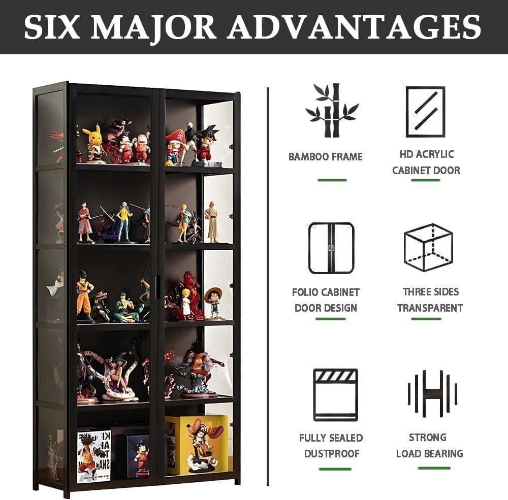 5 Tier Display Cabinet with LED Light, Acrylic Glass Door Curio Shelf Unit