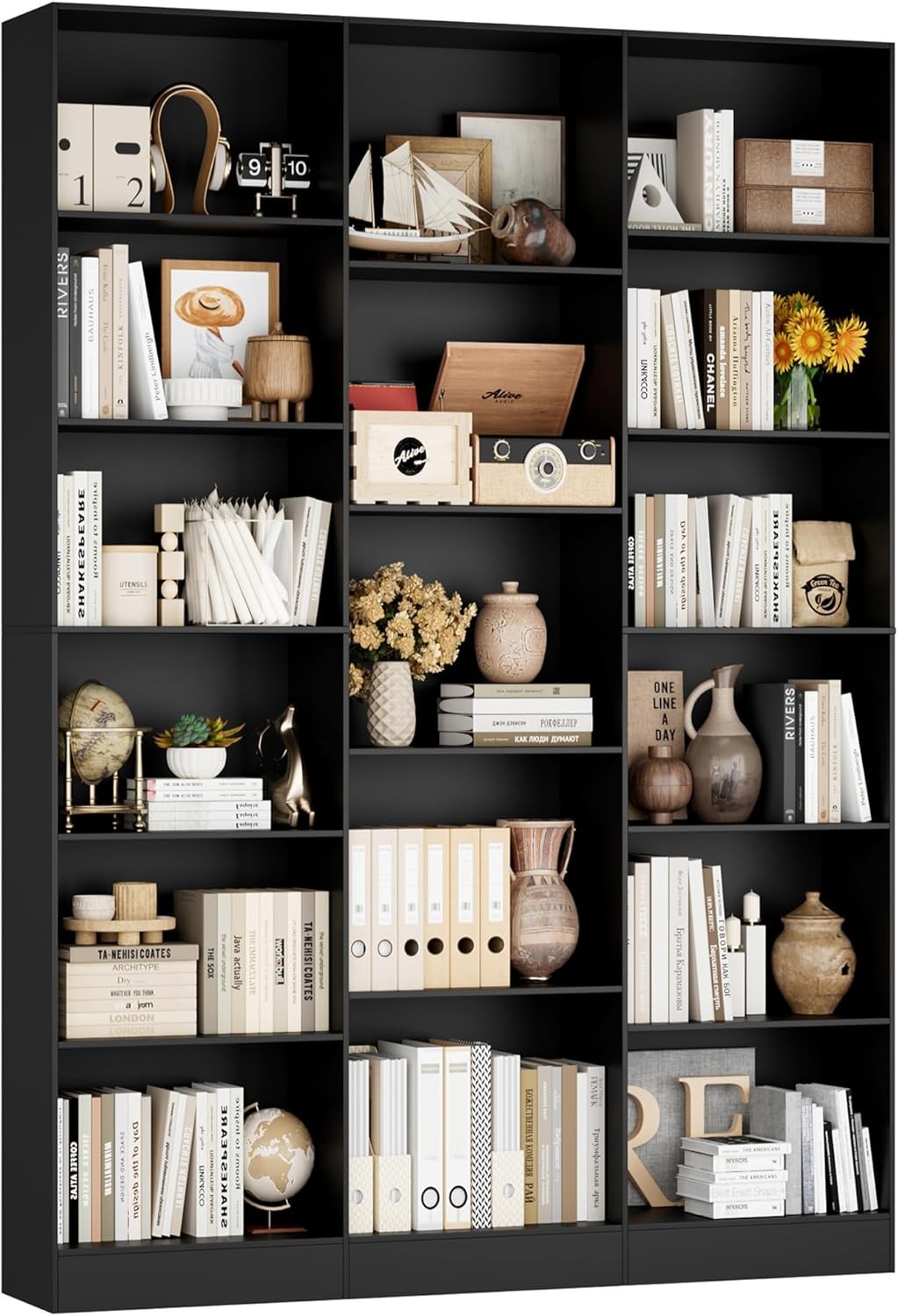 Tall Black 6-Tier Bookshelf with 17 Compartments Modern Display Storage Unit
