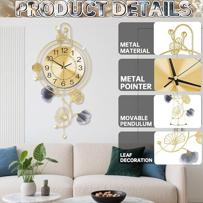 Luxury Gold Metal Wall Clock Silent Pendulum Modern Leaf Design Home Decor