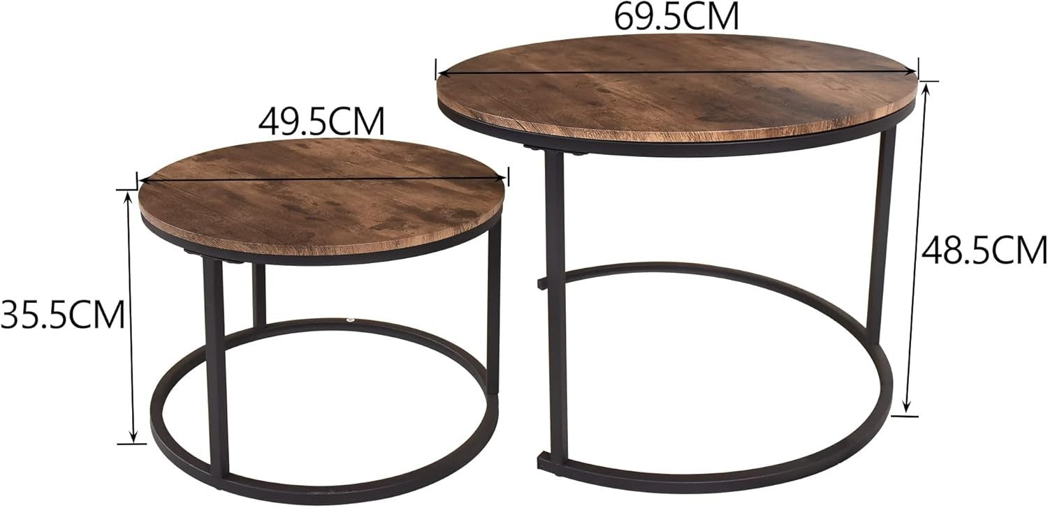 2pc Nesting Coffee Table Set Round Side End Tables Space Saving Black-brown