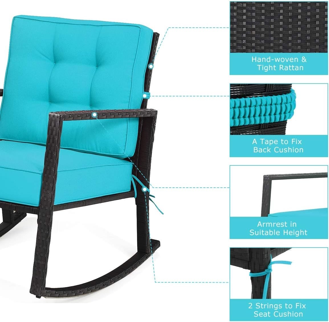Outdoor Turquoise Rocking Chair with Cushions & Armrests Patio Glider