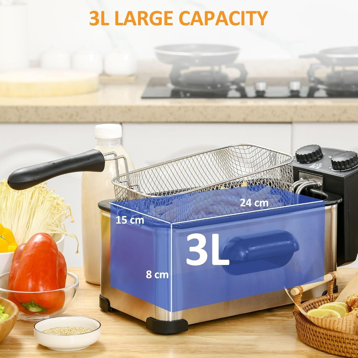 3L Electric Deep Fat Fryer 2000W Timer Adjustable Temp Viewing Window