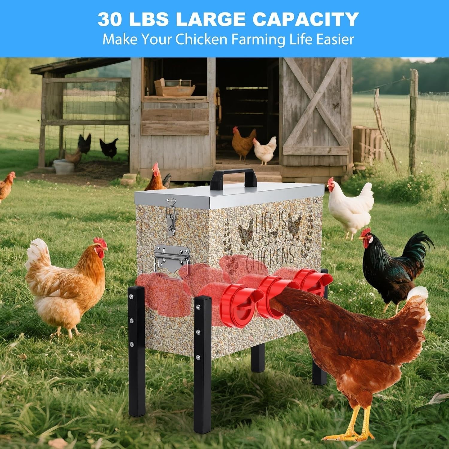 30lb Chicken Feeder 6 Port No Waste Galvanised Metal