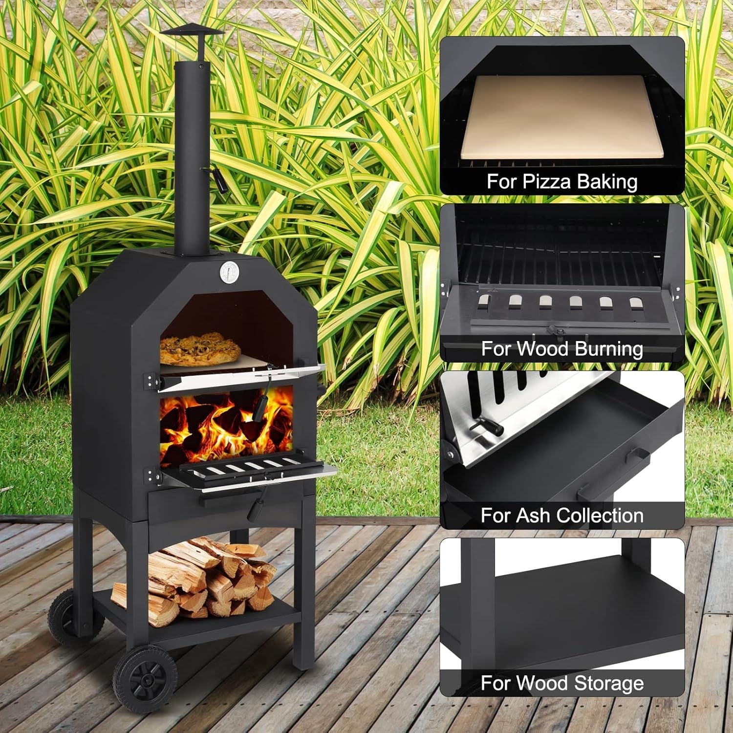 Outdoor Pizza Oven with Chimney | Smoker BBQ Grill Stand & Storage Wheels