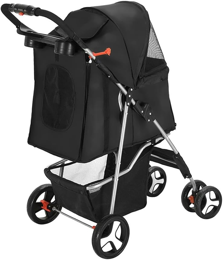 Pet Stroller Pushchair Folding 4 Wheel Dog Cat Pram Travel Carrier Black