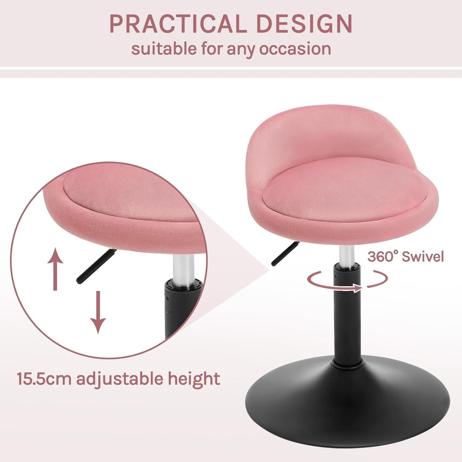 Pink Velvet Swivel Stool Height Adjustable Round Counter Chair Black Base