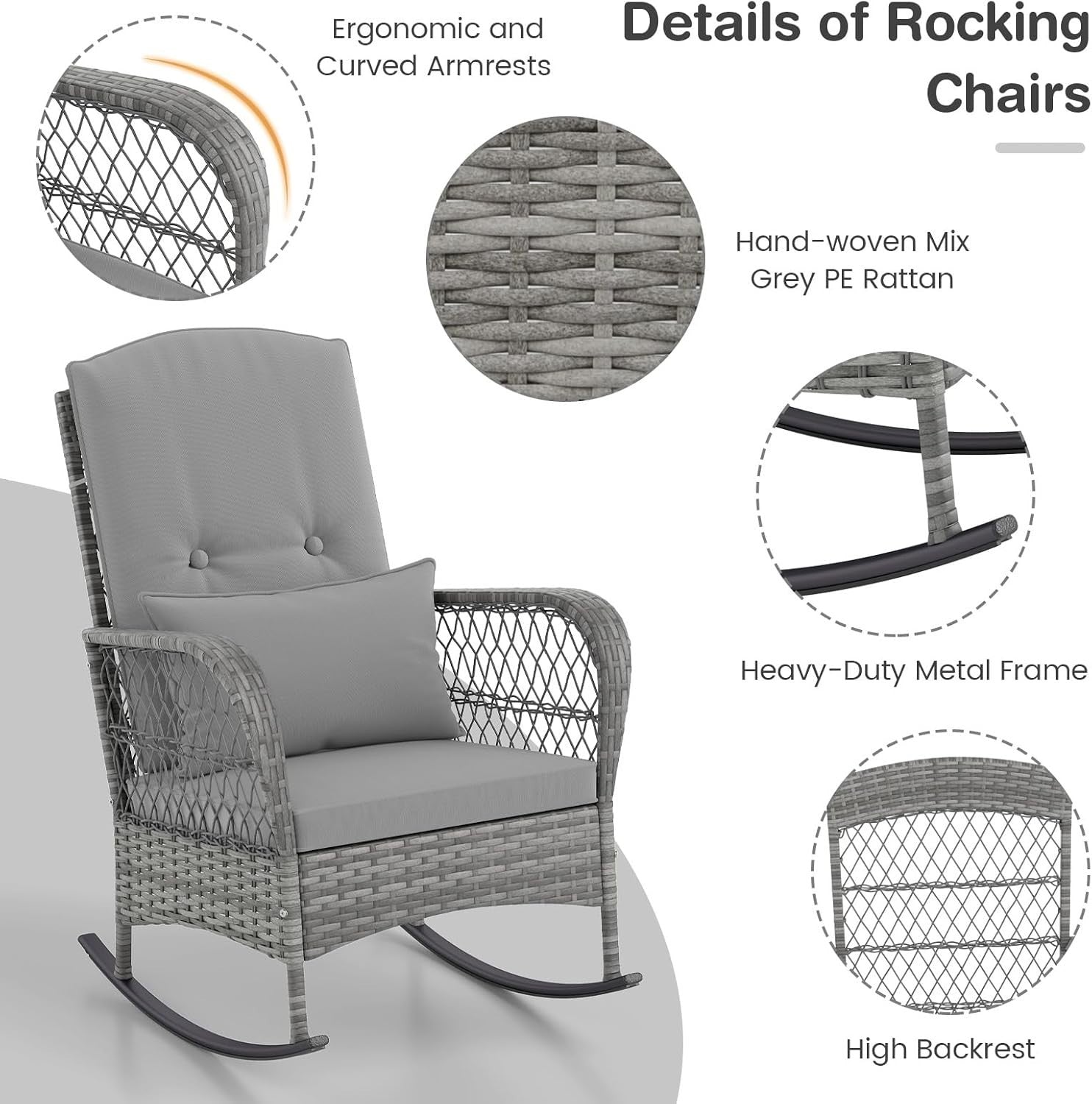 3 Piece Grey Rattan Bistro Set Rocking Chairs with Glass Table Outdoor