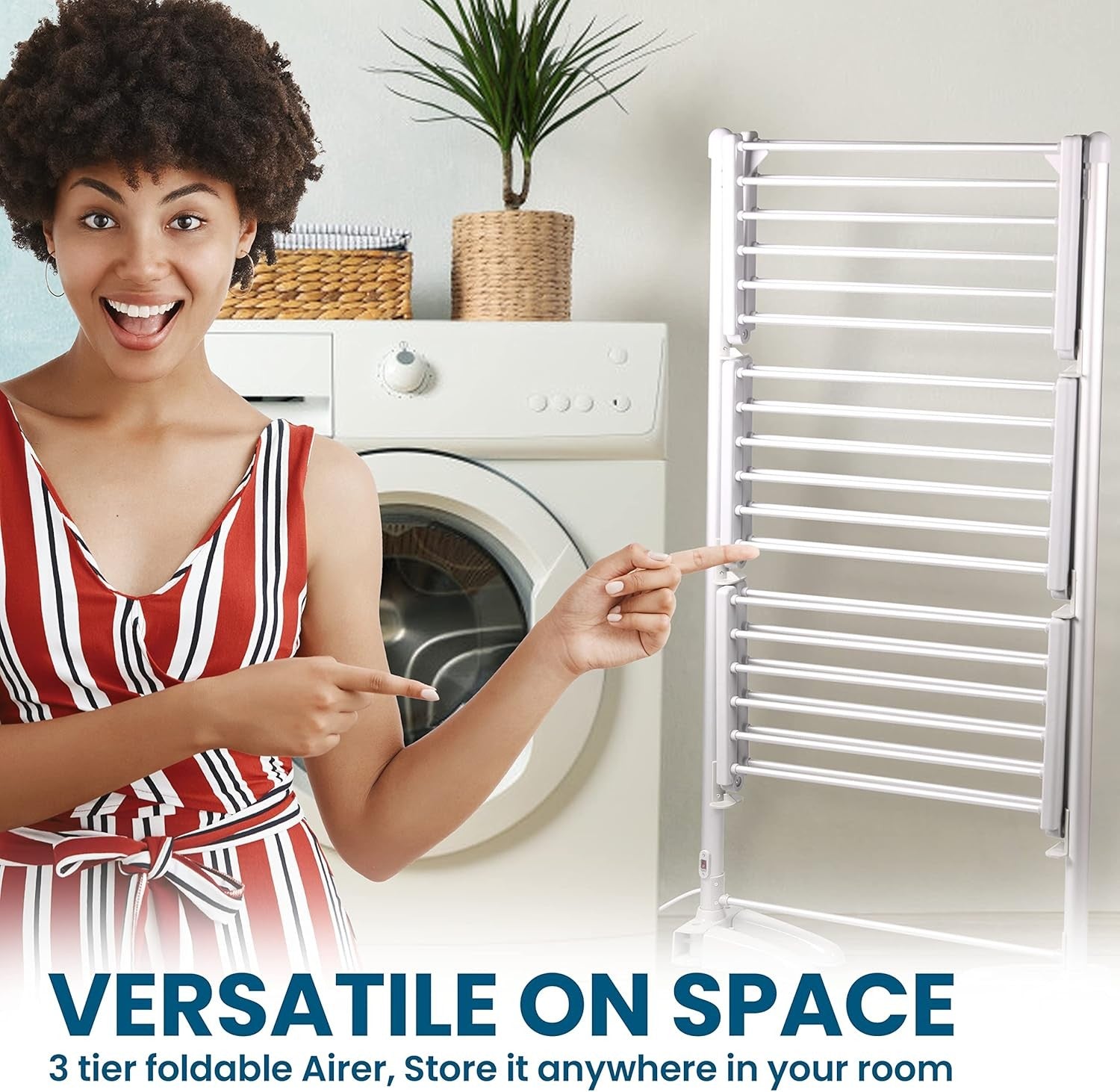 Smart WiFi Heated Clothes Airer 3 Tier Folding Indoor Drying Rack Radiator Wings