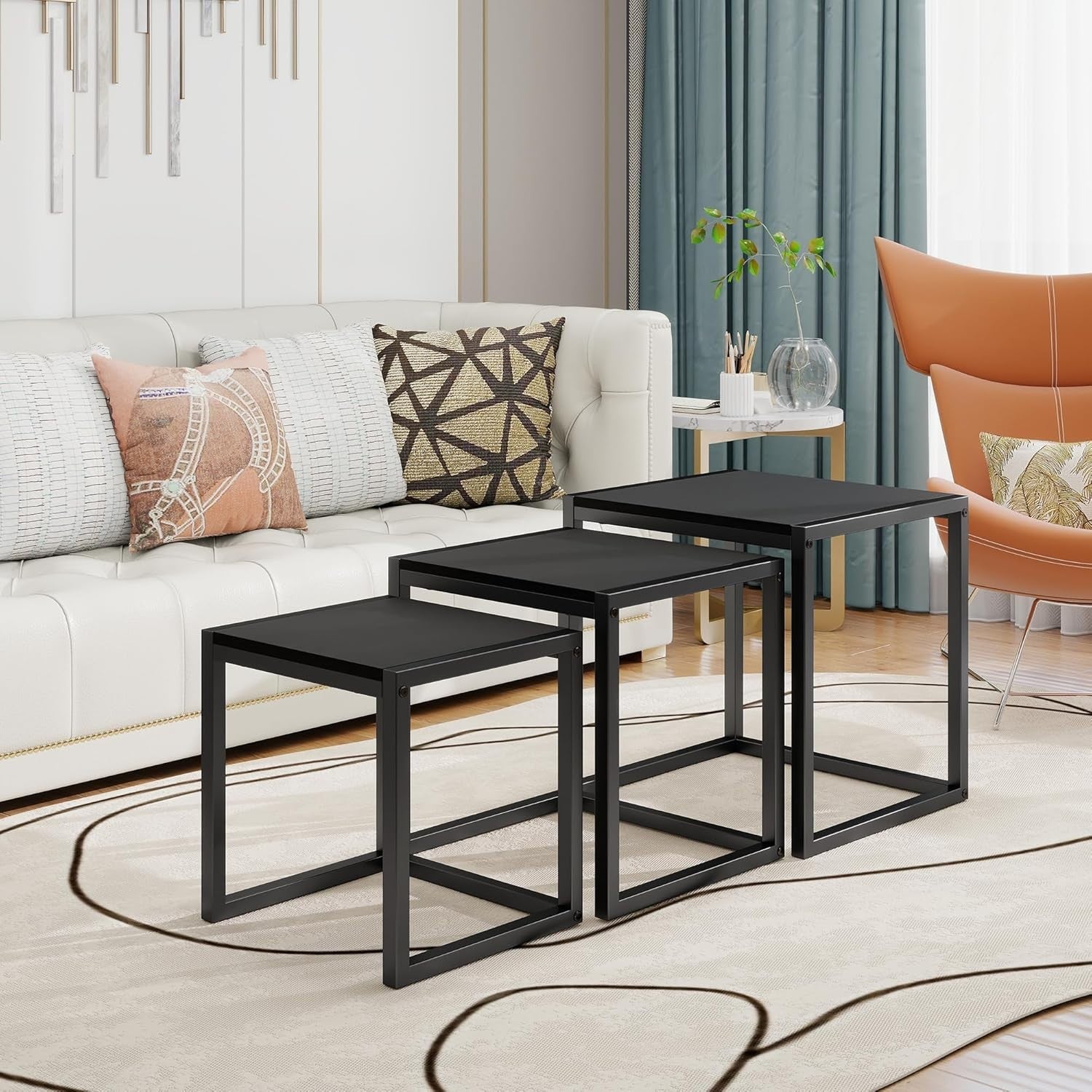 Nesting Coffee Side End Table Set Black Wood Metal Frame Home Living Room Office