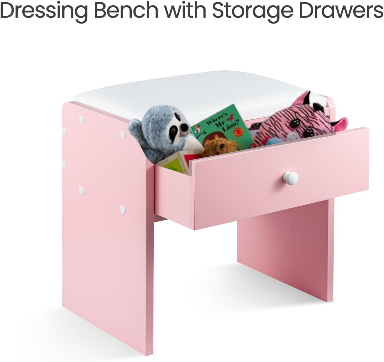 Pink Wooden Vanity Stool with Storage Drawer – Soft Padded Makeup Chair